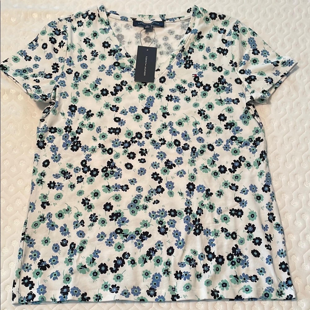 Tommy Hilfiger Blue and Green Fitted Short Sleeve Tee